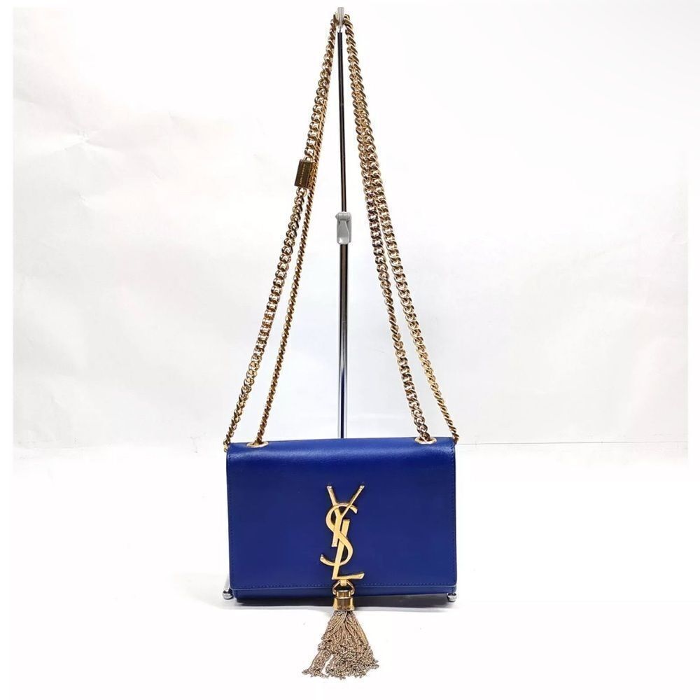 Auth Saint Laurent YSL Blue Grain De Poudre Small Kate Pompom Tassel Clutch Bag